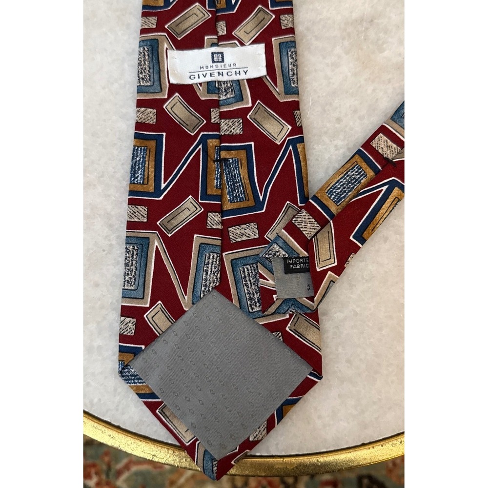 Monsieur Givenchy Silk Necktie Burgundy Red Blue Gold Geometric Abstract Vintage - Picture 4 of 6